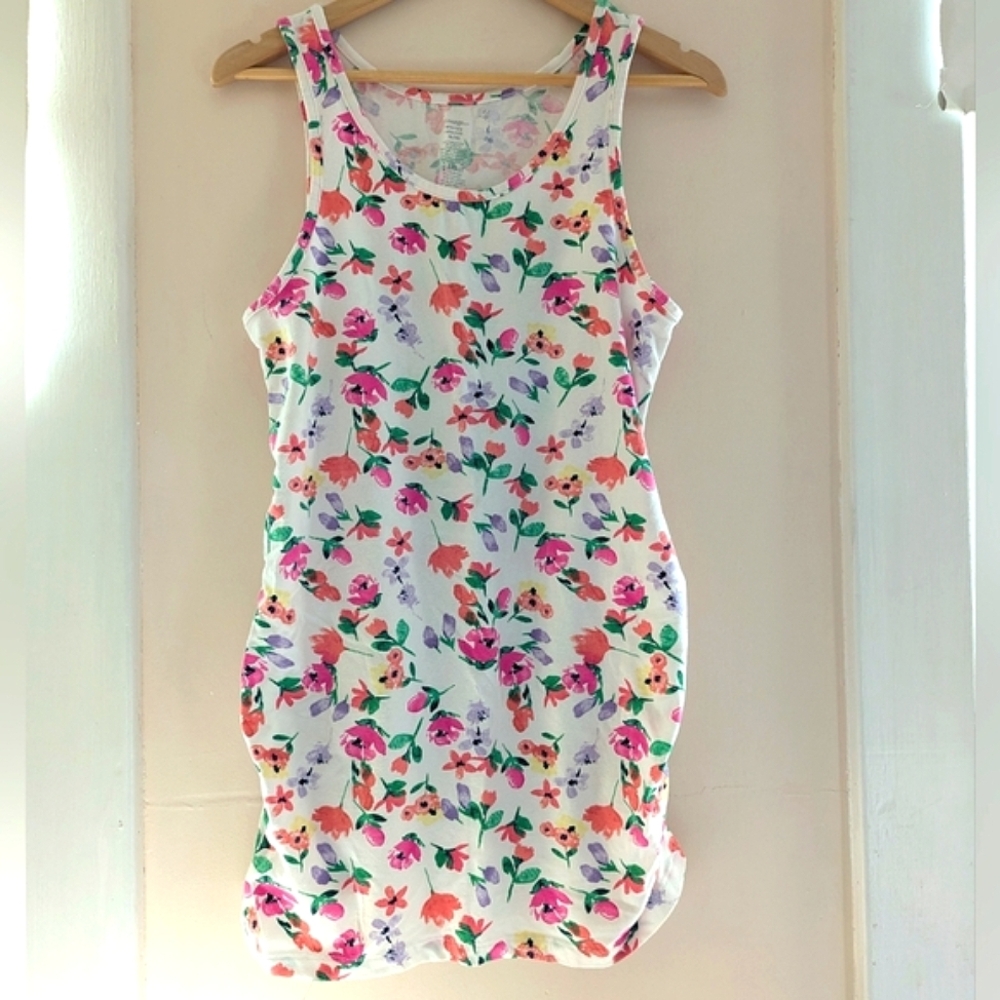 George Maternity Long Top or Tank Dress White Bright Floral Ruched at Hips XLG